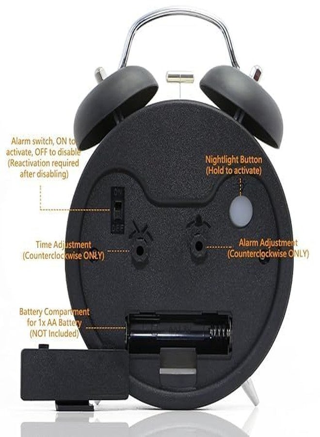 Rylan Metal Frame Retro Twin Bell 3D Dial Alarm Clock with Night Backlight Function and Silent Motion, High Volume Bedside Luminous Alarm for Students Bedroom/Office (Midnight Black) - Image 4